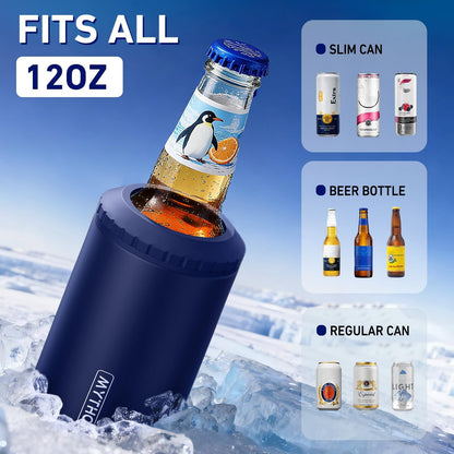 3 in 1 Slim Can Cooler for 12 OZ Skinny Can, Regular Can & Beer Bottle - Keep Cold for 6 Hours - Double Walled Insulated Stainless Steel Vacuum Beverage Can Insulator (Navy Blue)
