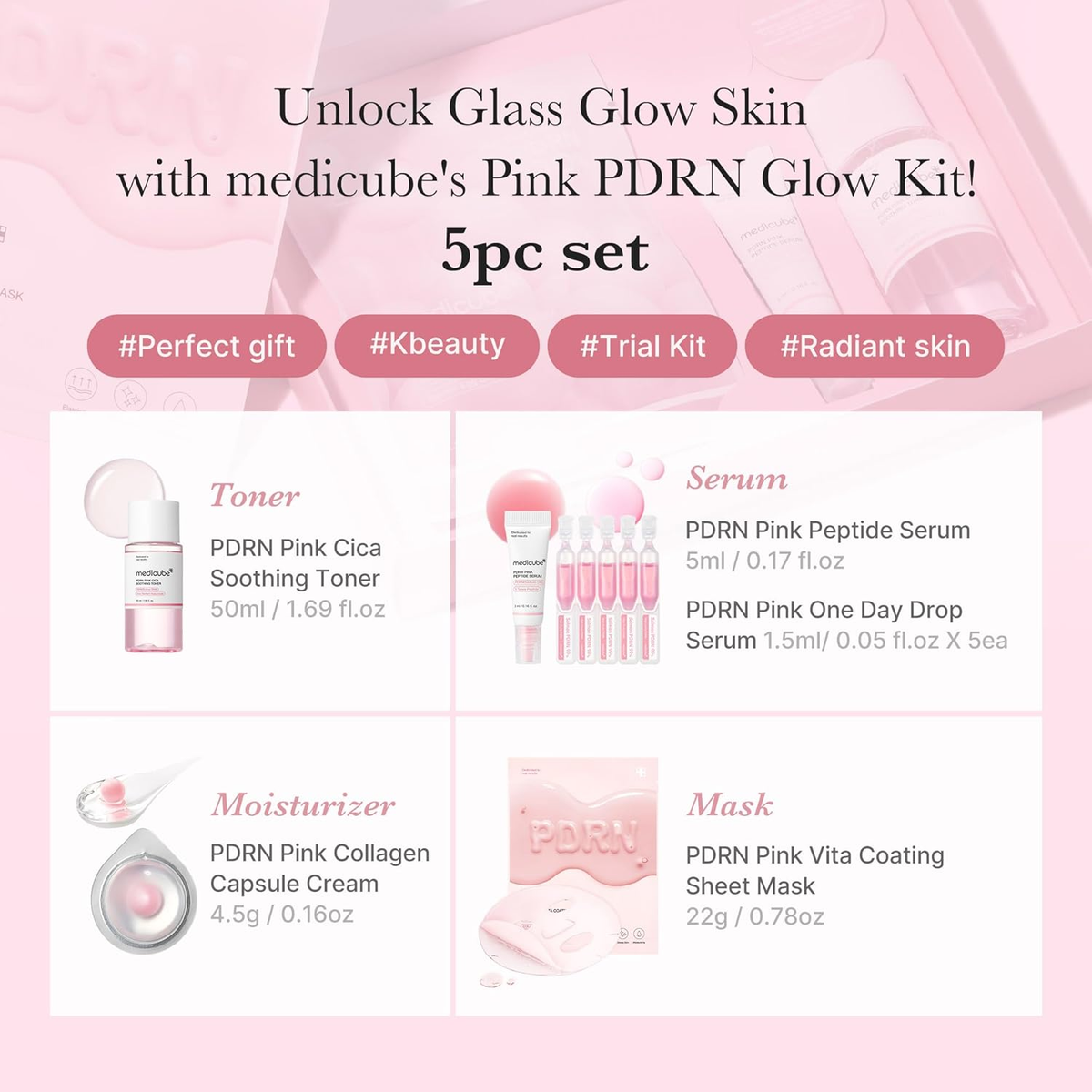 Medicube Salmon DNA PDRN Trial Kit | Glass Glow Mini Skincare Set with Toner, Se