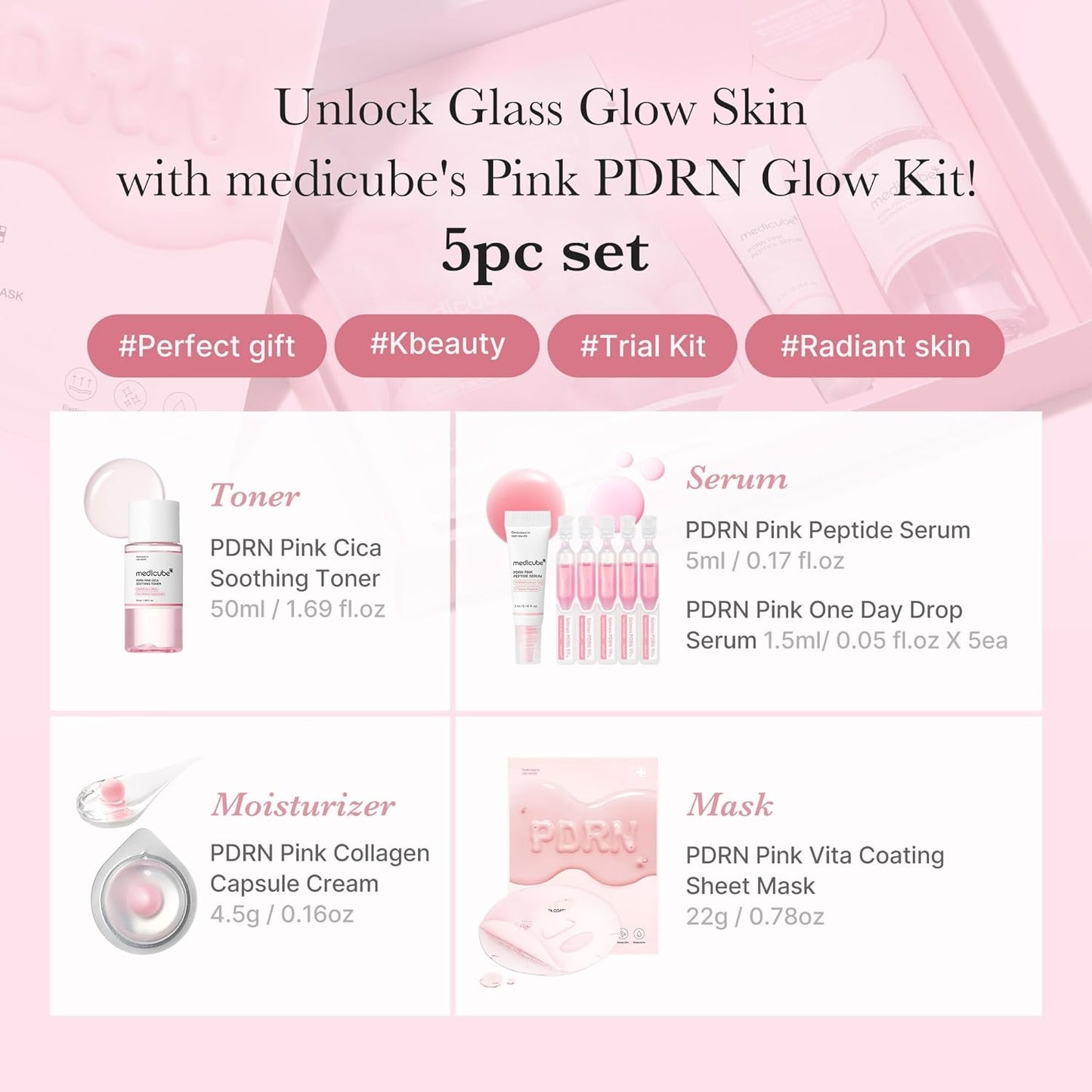 Medicube Salmon DNA PDRN Trial Kit | Glass Glow Mini Skincare Set with Toner, Se