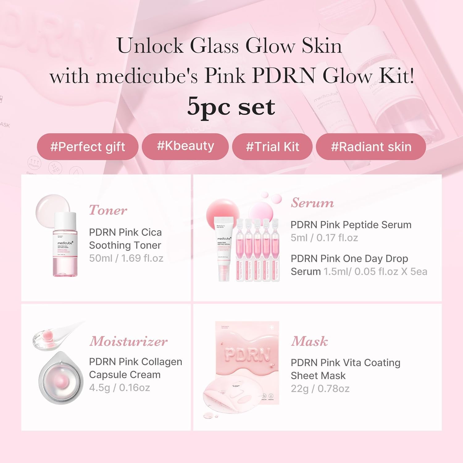 Medicube Salmon DNA PDRN Trial Kit | Glass Glow Mini Skincare Set with Toner, Se