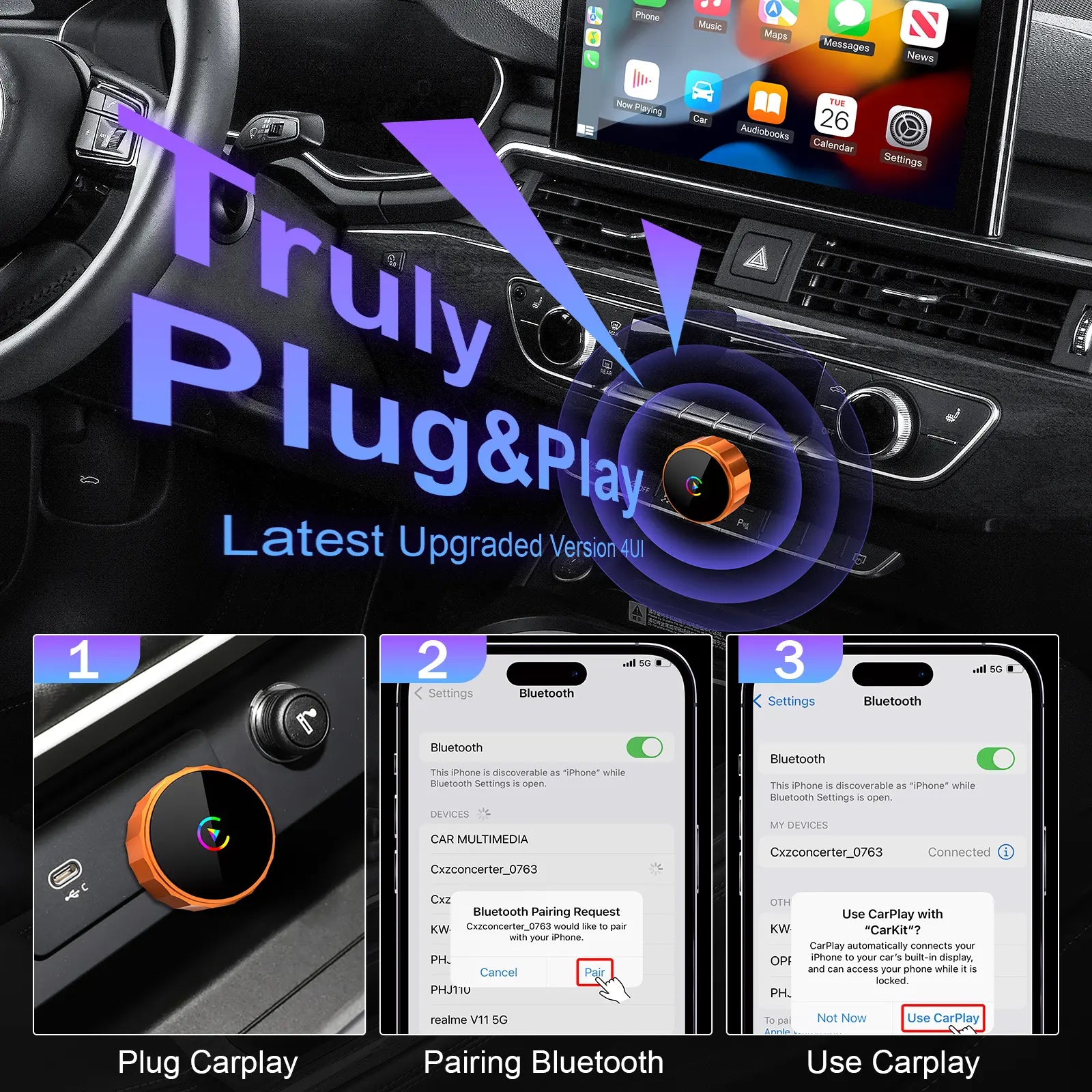 2026 New Wireless Carplay Adapter for Apple Iphone & Android, Plug & Play, Fast Auto-Reconnect