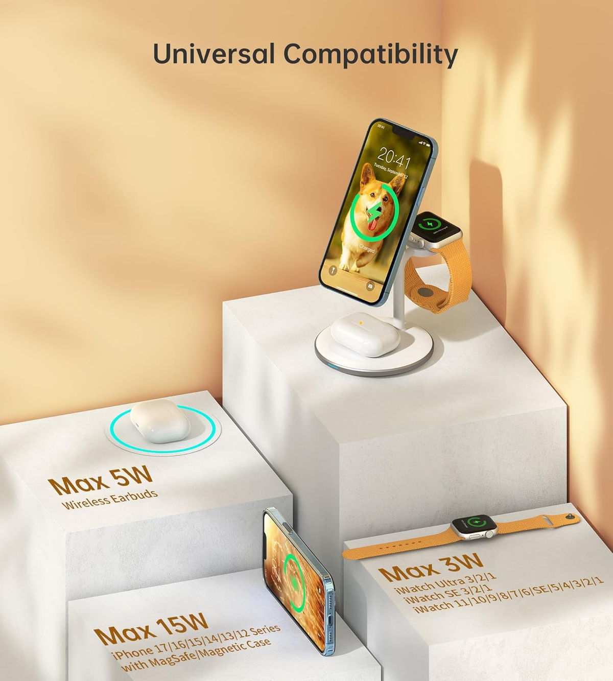 3 in 1 Wireless Charging Station for Apple Devices, Fast Wireless Mag-Safe Charger Stand with 20W Adapter for Iphone 17 16 15 14 13 12 Pro Max/Air/Plus/Pro,Iwatch,Airpods-Gift for Wife&Husband