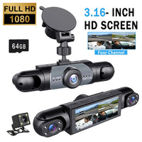 4 Channel Car Dash Cam,1080P Car DVR with 64GB Memory Card，Car Video Surveillance with Night Vision，24/7Parking Mode Car DVR Hd Screen Front Rear Left and Right Dashcam