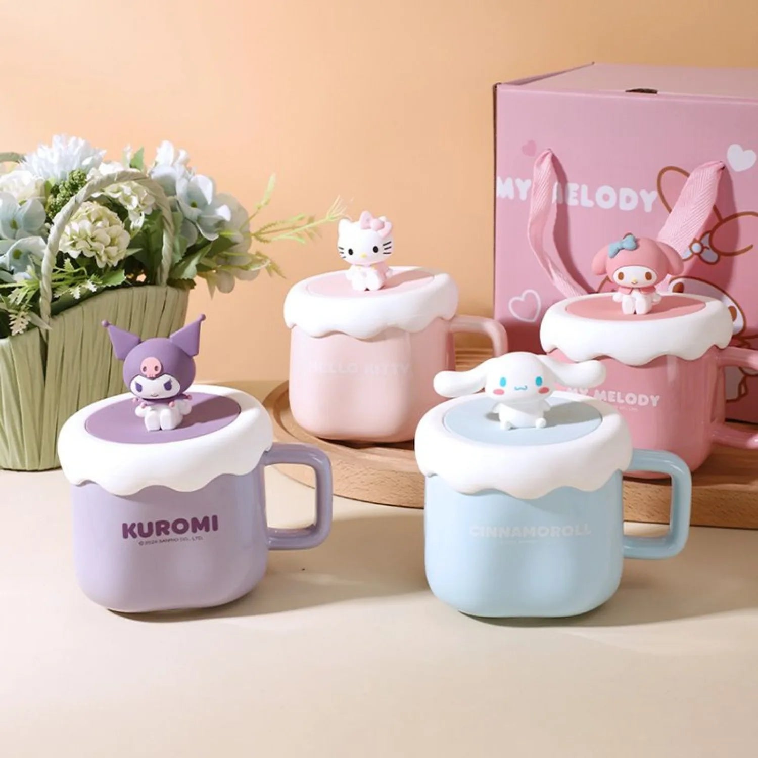 Cute Sanrio HelloKitty Kuromi MyMelody Cinnamoroll Lidded Ceramic Mugs Couple Gift Set Kawaii Anime Cartoon Holiday Gifts Toys