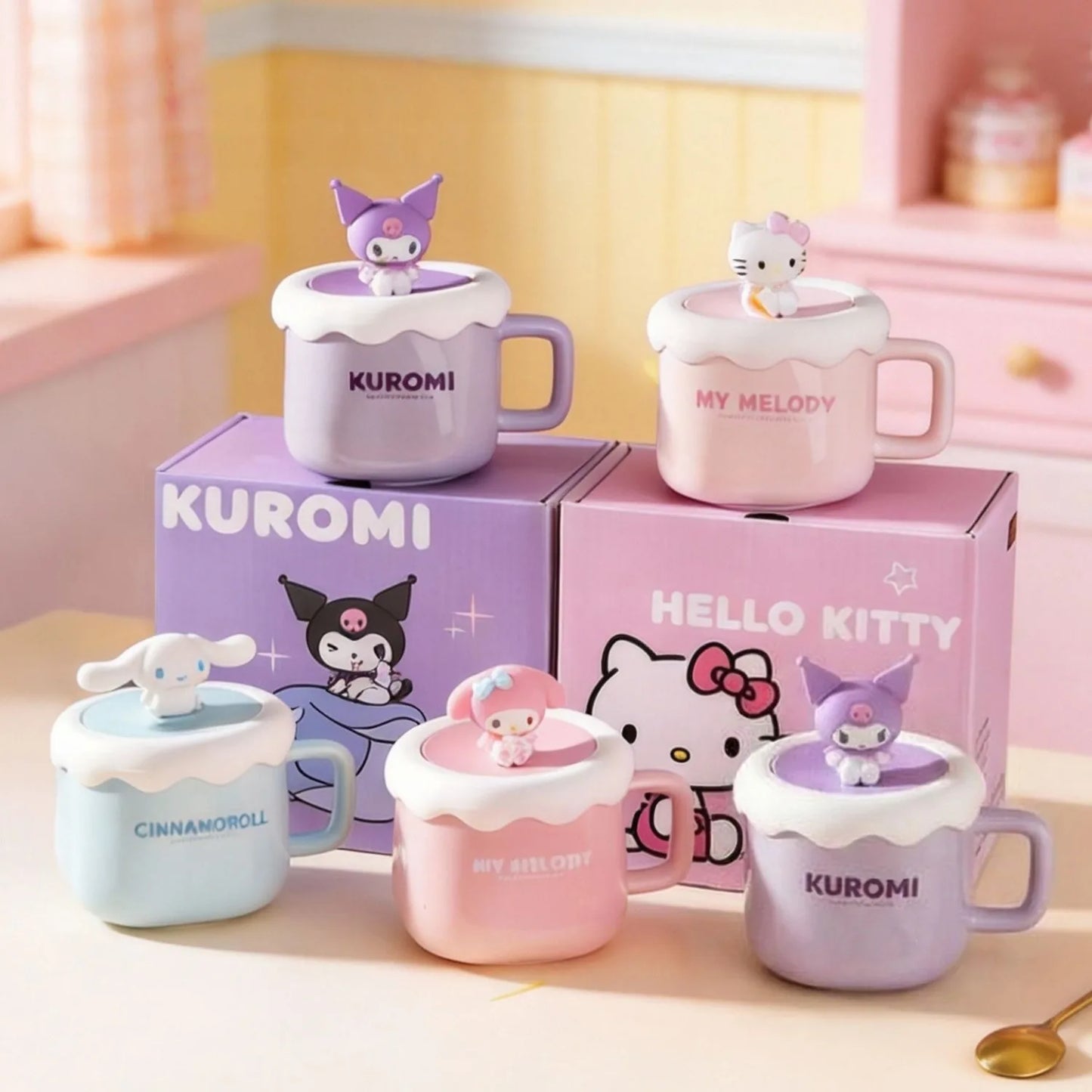 Cute Sanrio HelloKitty Kuromi MyMelody Cinnamoroll Lidded Ceramic Mugs Couple Gift Set Kawaii Anime Cartoon Holiday Gifts Toys