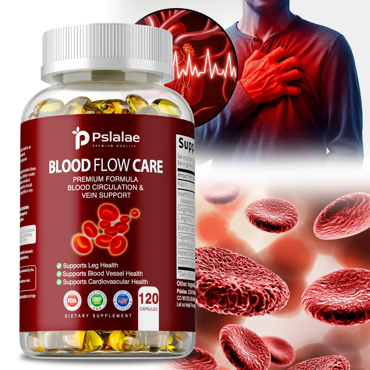 Blood Flow Care - Advanced Formula Contains Niacin, Ginger,L-Arginine To Support Heart Health - 120 Capsules