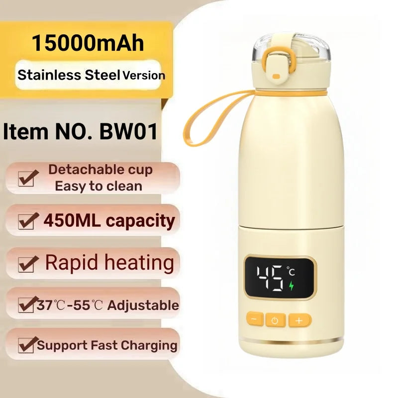 Portable Baby Bottle Warmer Rechargeable 15000mAh With Sterilize Function Rapid Heating & Charging Wireless Bottle Heater Travel