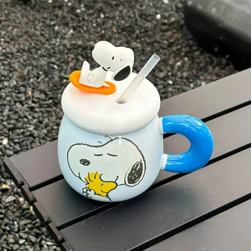 Genuine Cartoon Cute Snoopy Couple Creative Ceramic Mug with Lid and Straw Birthday Gift
