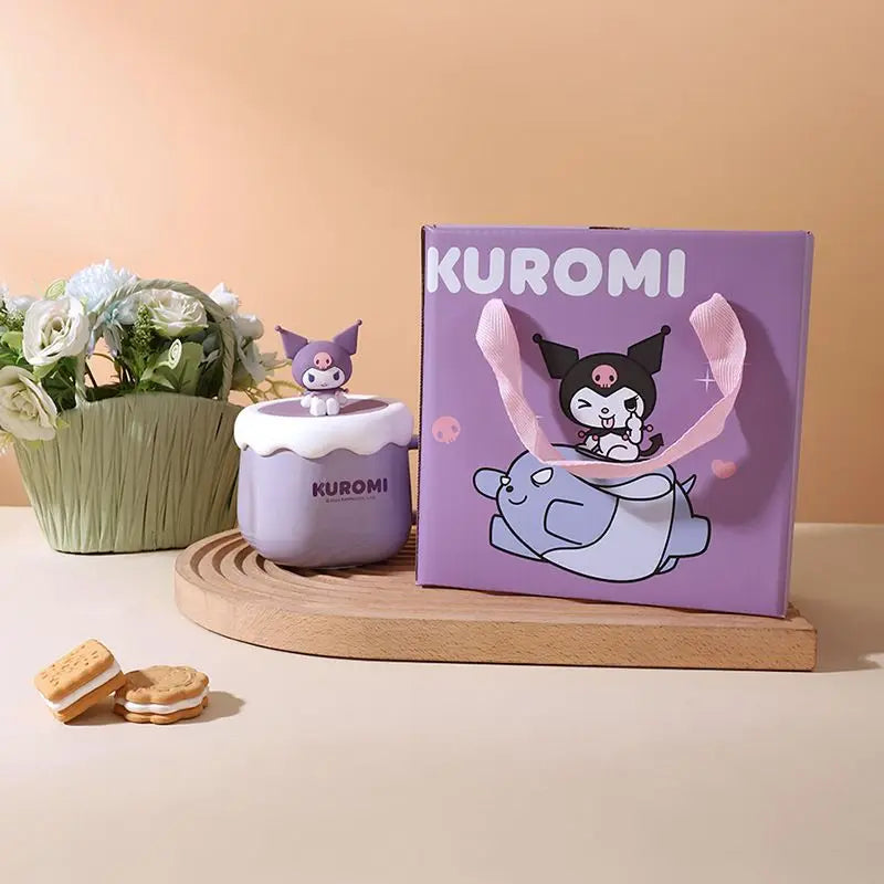 Cute Sanrio HelloKitty Kuromi MyMelody Cinnamoroll Lidded Ceramic Mugs Couple Gift Set Kawaii Anime Cartoon Holiday Gifts Toys