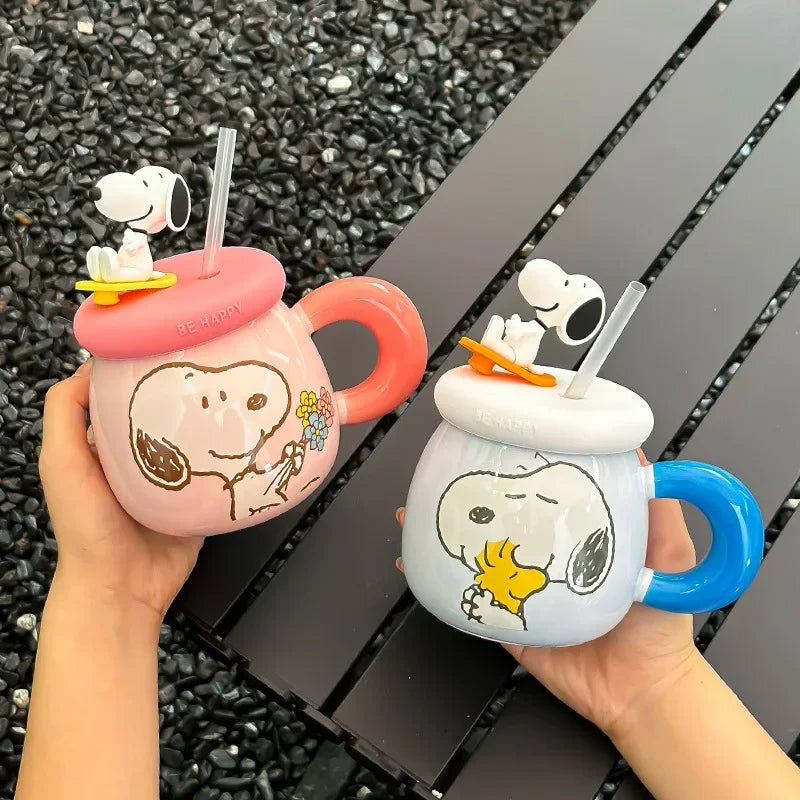 Genuine Cartoon Cute Snoopy Couple Creative Ceramic Mug with Lid and Straw Birthday Gift