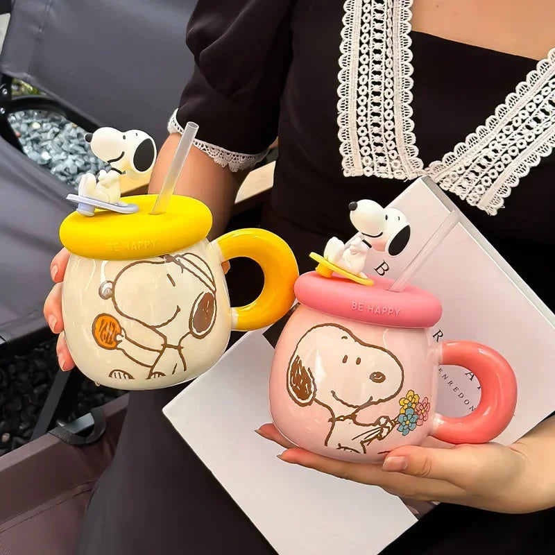 Genuine Cartoon Cute Snoopy Couple Creative Ceramic Mug with Lid and Straw Birthday Gift