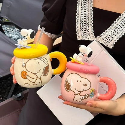 Genuine Cartoon Cute Snoopy Couple Creative Ceramic Mug with Lid and Straw Birthday Gift