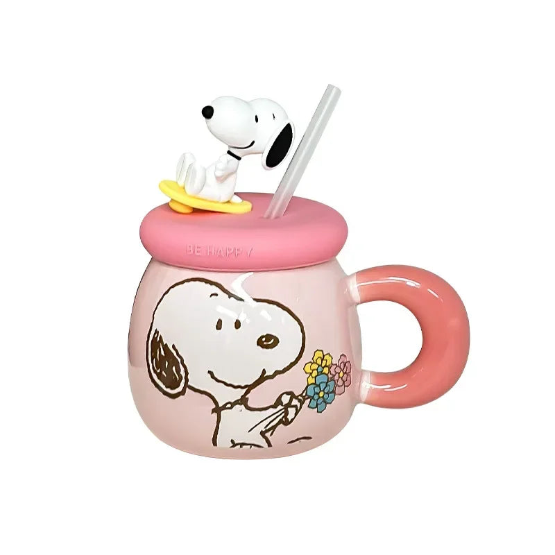 Genuine Cartoon Cute Snoopy Couple Creative Ceramic Mug with Lid and Straw Birthday Gift