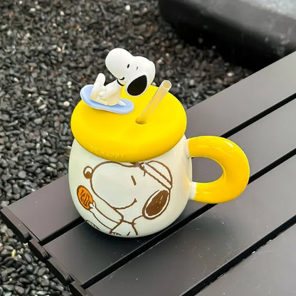 Genuine Cartoon Cute Snoopy Couple Creative Ceramic Mug with Lid and Straw Birthday Gift