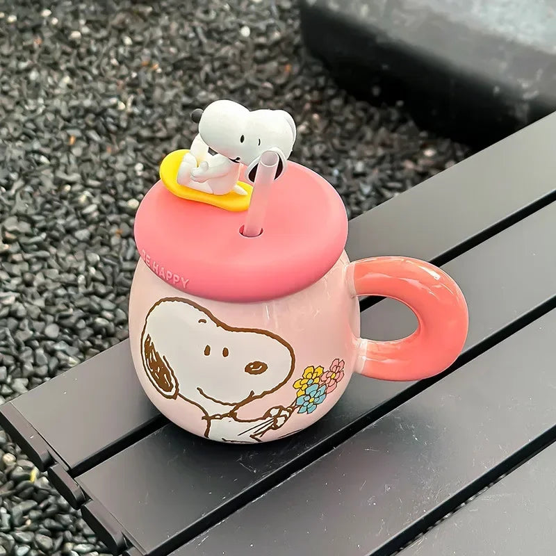 Genuine Cartoon Cute Snoopy Couple Creative Ceramic Mug with Lid and Straw Birthday Gift