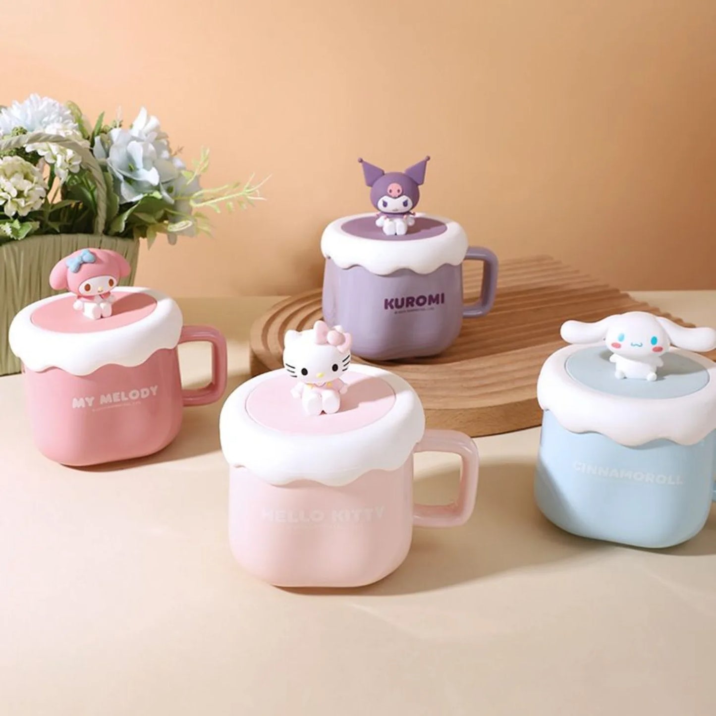 Cute Sanrio HelloKitty Kuromi MyMelody Cinnamoroll Lidded Ceramic Mugs Couple Gift Set Kawaii Anime Cartoon Holiday Gifts Toys