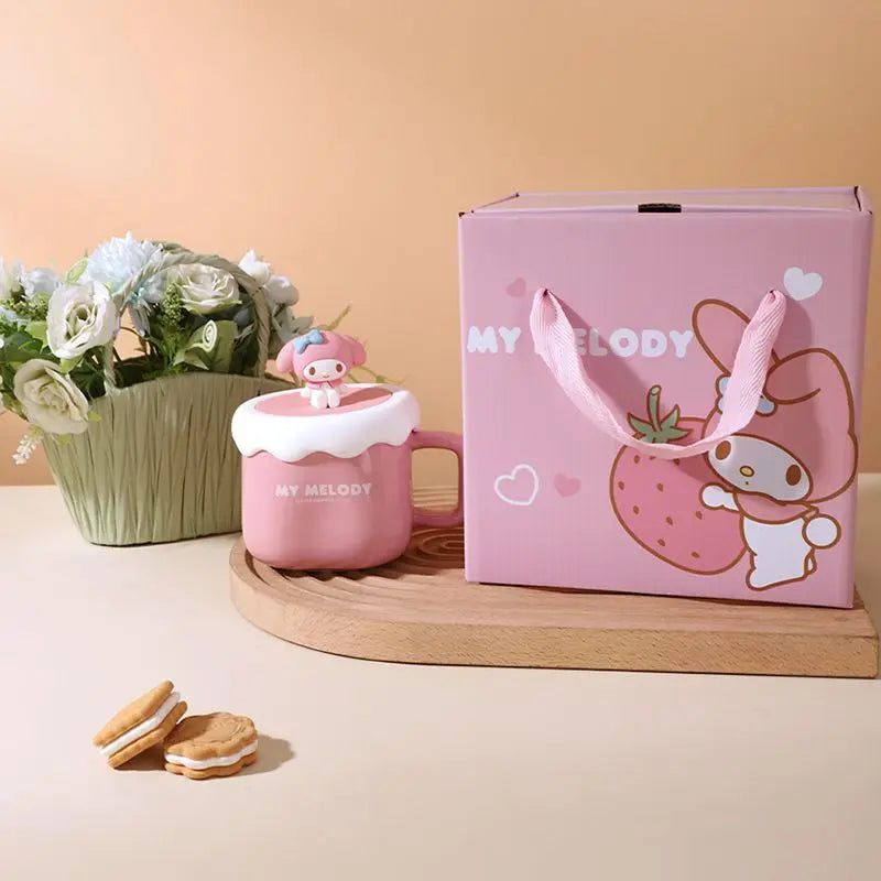 Cute Sanrio HelloKitty Kuromi MyMelody Cinnamoroll Lidded Ceramic Mugs Couple Gift Set Kawaii Anime Cartoon Holiday Gifts Toys